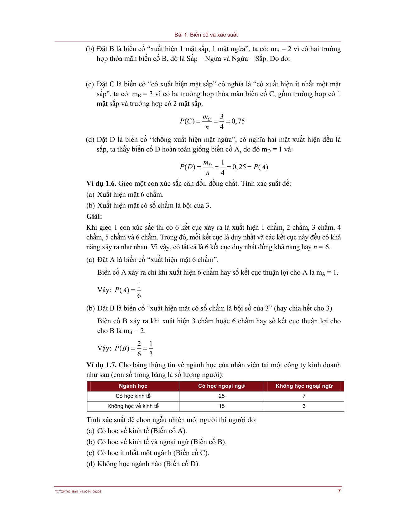 Bài giảng Lý thuyết xác suất và thống kê - Bài 1: Biến cố và xác suất trang 7