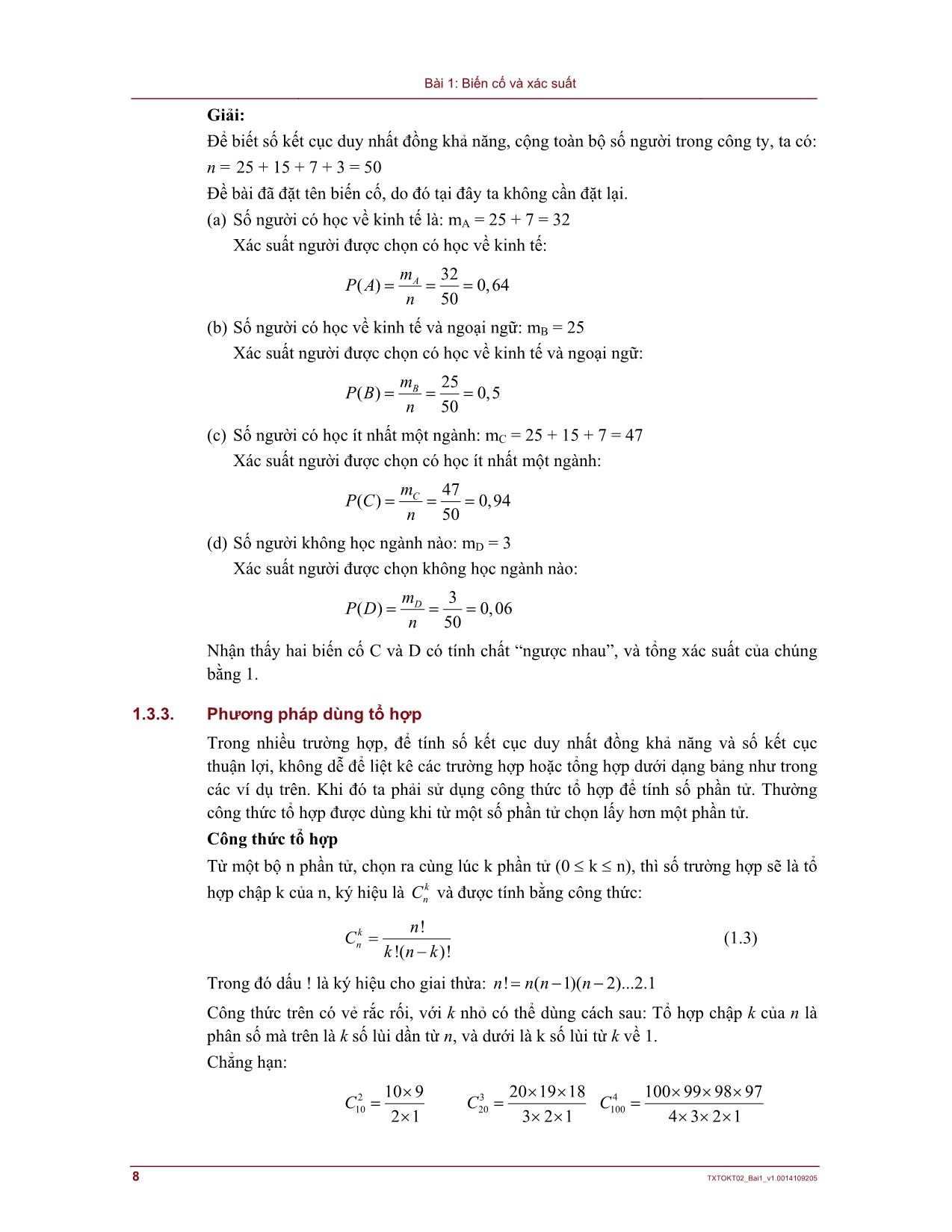 Bài giảng Lý thuyết xác suất và thống kê - Bài 1: Biến cố và xác suất trang 8
