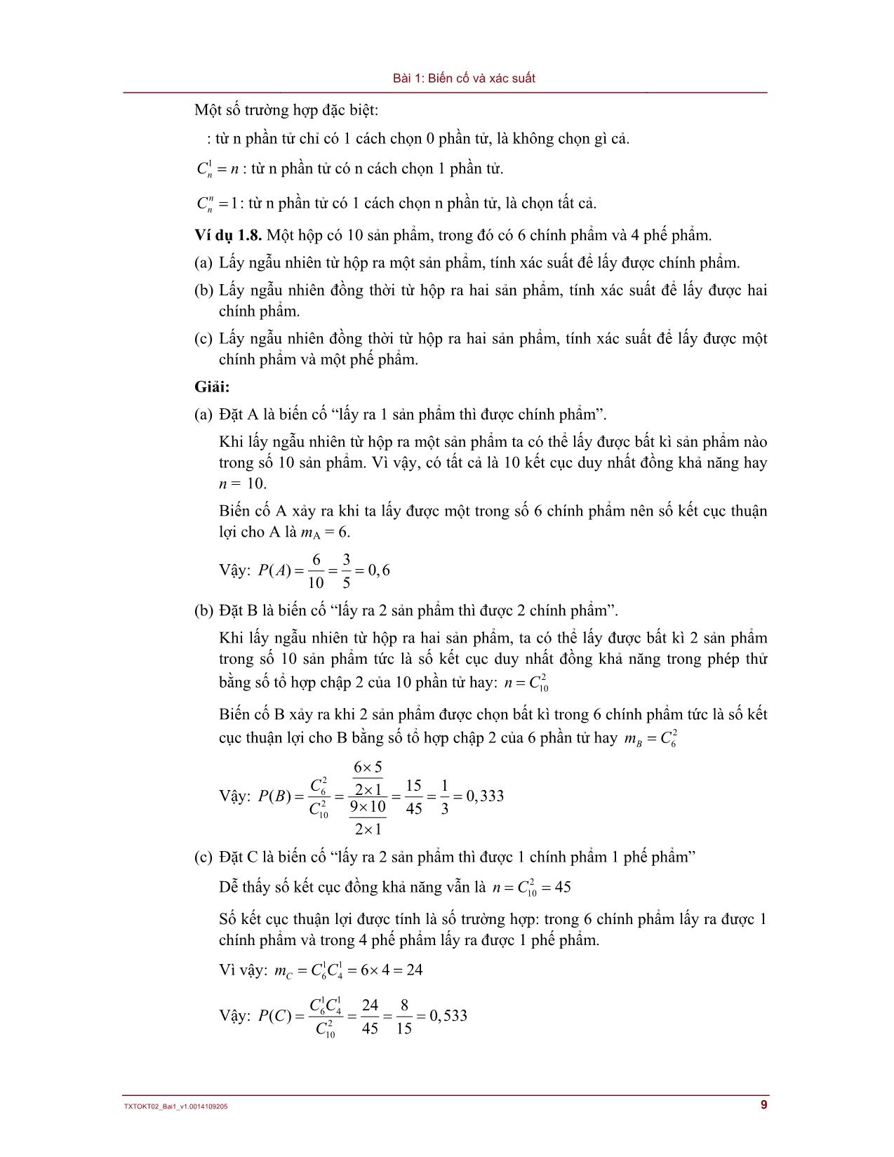 Bài giảng Lý thuyết xác suất và thống kê - Bài 1: Biến cố và xác suất trang 9