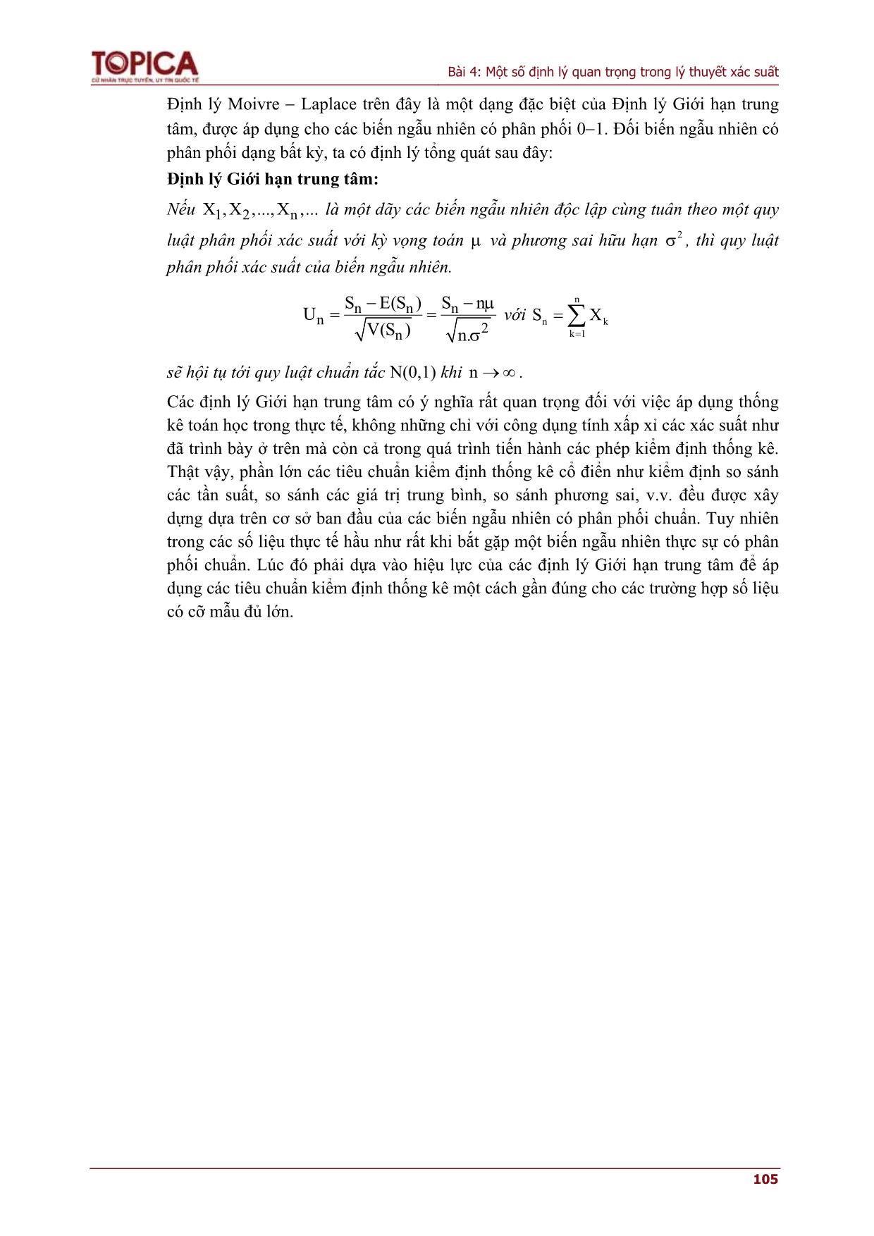 Bài giảng Lý thuyết xác suất và thống kê - Bài 4: Một số định lý quan trọng trong lý thuyết xác suất trang 5