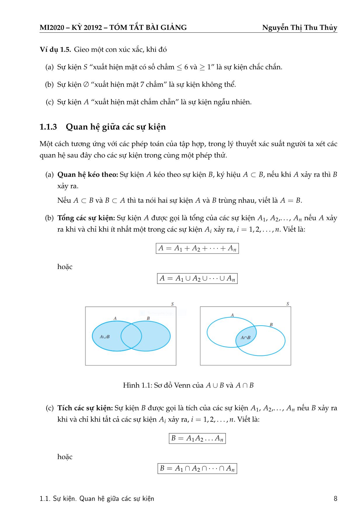 Bài giảng Xác suất thống kê - Chương 1: Sự kiện ngẫu nhiên và phép tính xác suất - Nguyễn Thị Thu Thủy trang 9