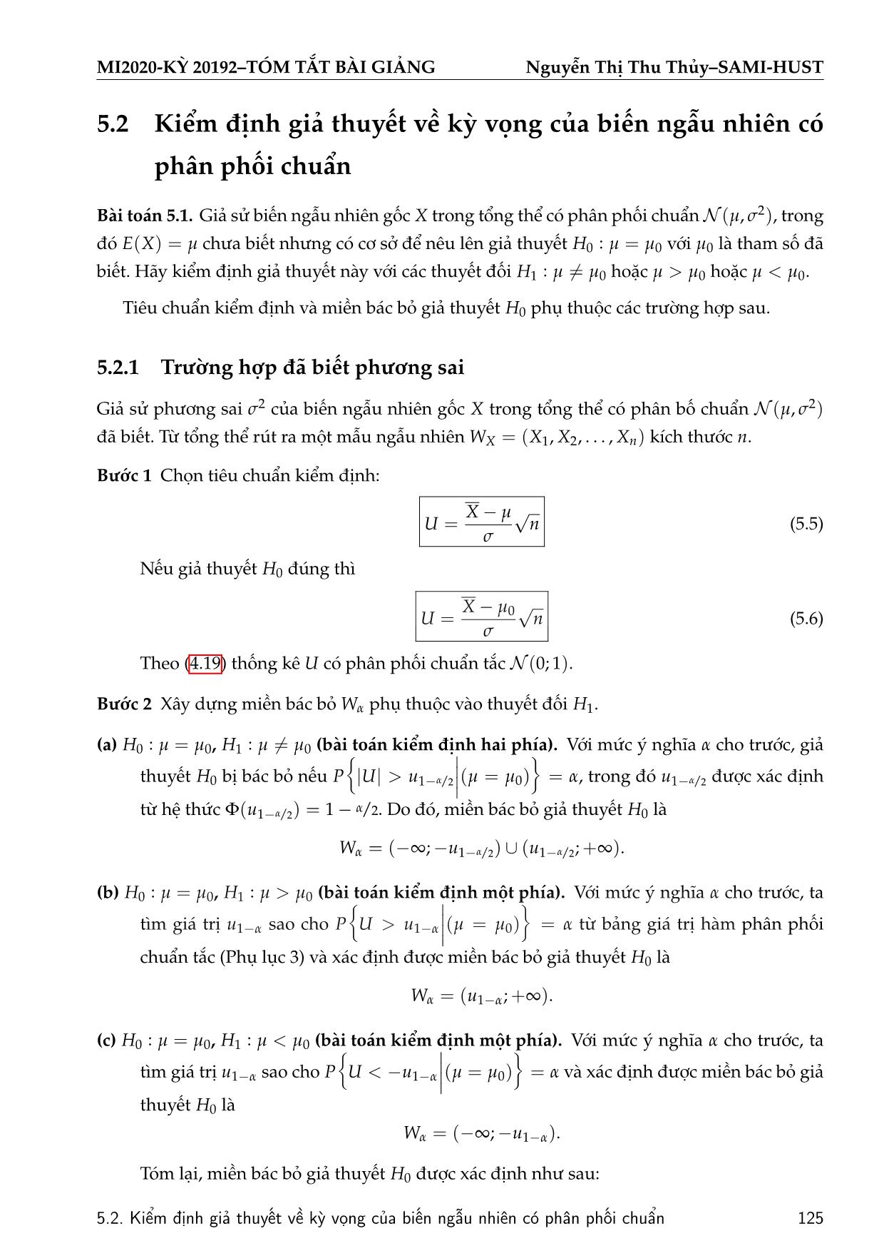 Bài giảng Xác suất thống kê - Chương 5: Kiểm định giả thuyết thống kê - Nguyễn Thị Thu Thủy trang 5
