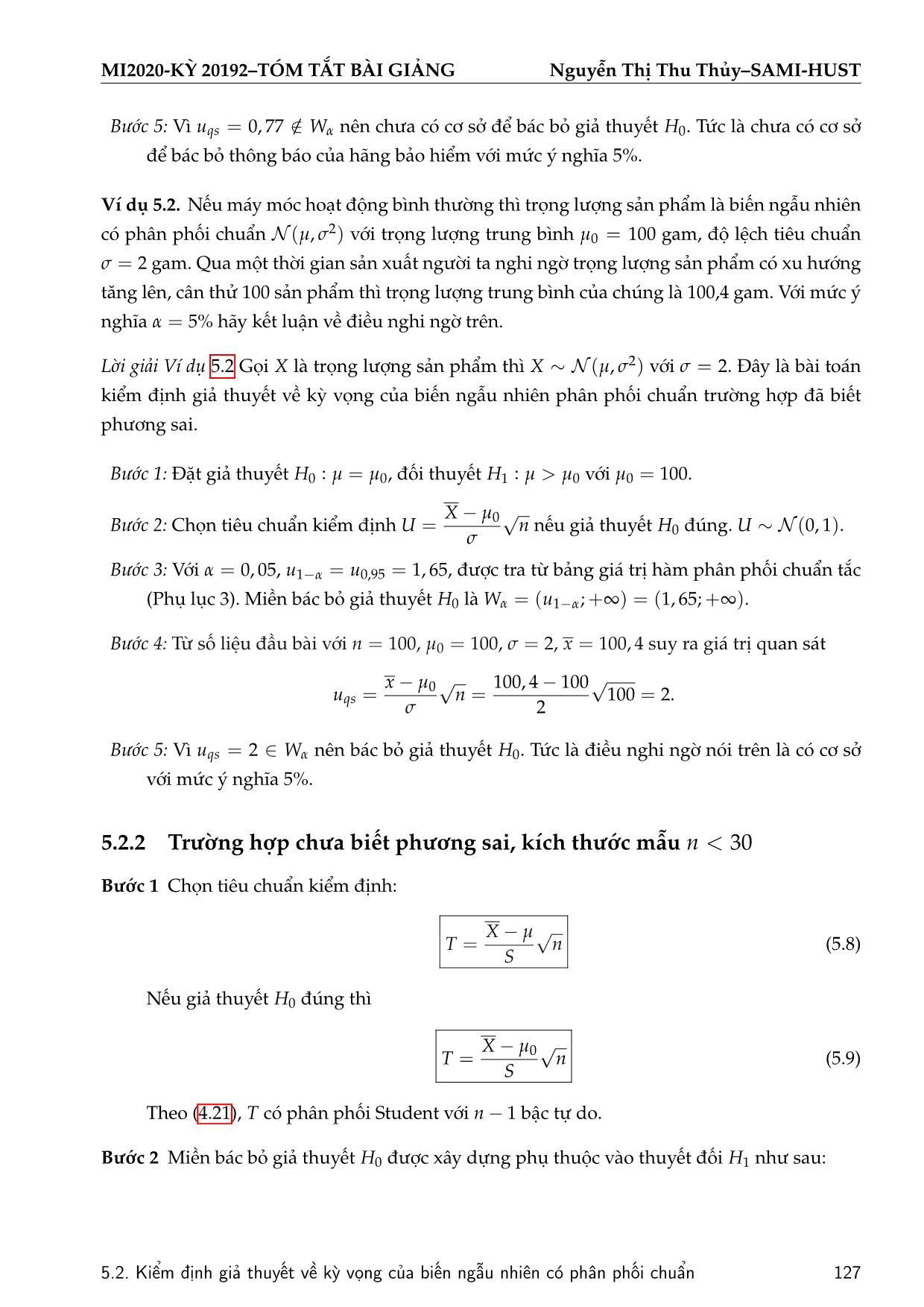 Bài giảng Xác suất thống kê - Chương 5: Kiểm định giả thuyết thống kê - Nguyễn Thị Thu Thủy trang 7