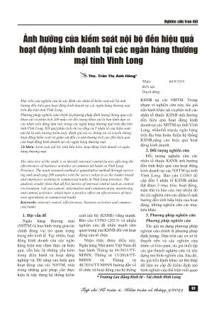 Ảnh hưởng của kiểm soát nội bộ đến hiệu quả hoạt động kinh doanh tại các ngân hàng thương mại tỉnh Vĩnh Long