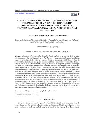 Application of a mathematic model to evaluate the impact of temperature to plankton development processes in the pangasius (Pangasianodon hypophthalmus) production pond in Viet Nam