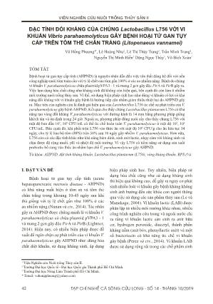Đặc tính đối kháng của chủng Lactobacillus L756 với vi khuẩn Vibrio parahaemolyticus gây bệnh hoại tử gan tụy cấp trên tôm thẻ chân trắng (Litopenaeus vannamei)
