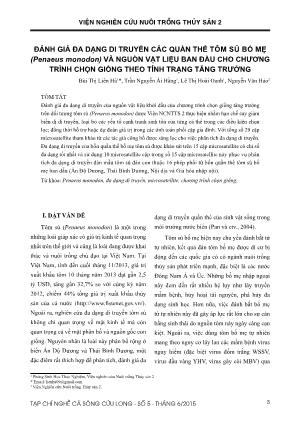 Đánh giá đa dạng di truyền các quần thể tôm sú bố mẹ (Penaeus monodon) và nguồn vật liệu ban đầu cho chương trình chọn giống theo tính trạng tăng trưởng