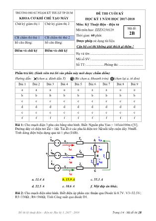 Đề thi Cuối kì môn Kỹ thuật điện, điện tử - Năm học 2017-2018