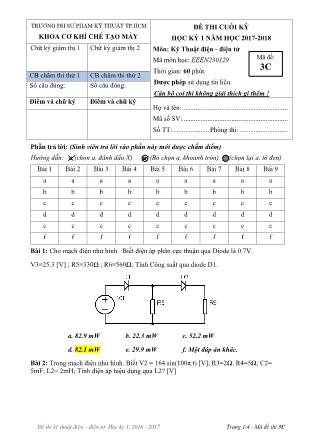 Đề thi Học kì 1 môn Kỹ thuật điện, điện tử - Năm học 2017-2018