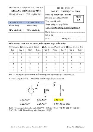 Đề thi Học kỳ 1 môn Kỹ thuật điện, điện tử - Năm học 2017-2018