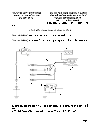 Đề thi kết thúc học kì 4 môn Hệ thống điện, điện tử ô tô