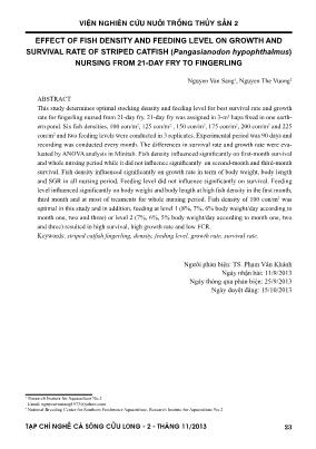 Effect of fish density and feeding level on growth and survival rate of striped catfish (Pangasianodon hypophthalmus) nursing from 21-day fry to fingerling