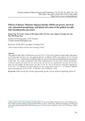 Effects of dietary Mannan oligosaccharide (MOS) on grown, survival rate, intestinal morphology and blood cell count of the golden trevally fish (Gnathanodon specious)