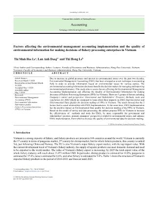 Factors affecting the environmental management accounting implementation and the quality of environmental information for making decisions of fishery processing enterprises in Vietnam