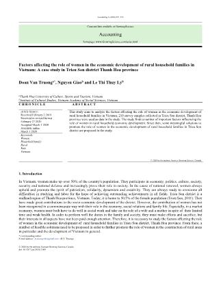 Factors affecting the role of women in the economic development of rural household families in Vietnam: A case study in Trieu Son district Thanh Hoa province