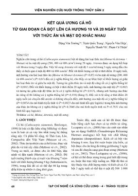 Kết quả ương cá hô từ giai đoạn cá bột lên cá hương 10 và 20 ngày tuổi với thức ăn và mật độ khác nhau