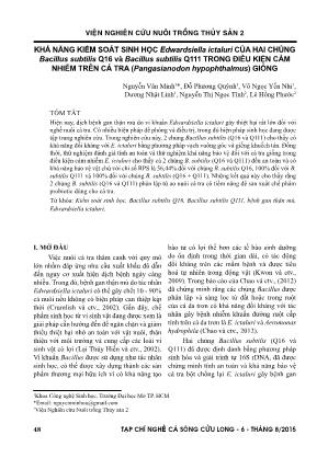 Khả năng kiểm soát sinh học Edwardsiella ictaluri của hai chủng Bacillus subtilis Q16 và Bacillus subtilis Q111 trong điều kiện cảm nhiễm trên cá tra (Pangasianodon hypophthalmus) giống