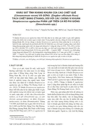 Khảo sát tính kháng khuẩn của cao chiết quế (Cinnamomum verum) và gừng (Zingiber officinale Rose) tách chiết bằng ethanol đối với các chủng vi khuẩn Streptococcus agalactiae phân lập trên cá rô phi giống (Oreochromis spp.)