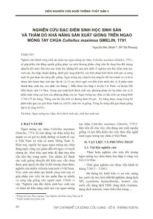 Nghiên cứu đặc điểm sinh học sinh sản và thăm dò khả năng sản xuất giống trên ngao móng tay chúa Cultellus maximus Gmelin, 1791