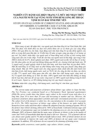 Nghiên cứu đánh giá hiện trạng và mức độ nhận thức của người nuôi tại vùng nuôi tôm hùm lồng bè thuộc vịnh Xuân Đài tỉnh Phú Yên