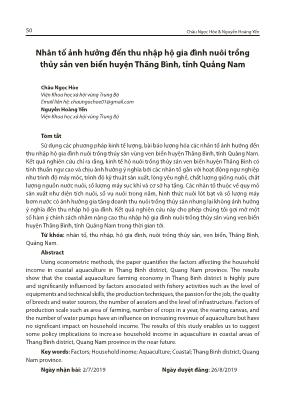 Nhân tố ảnh hưởng đến thu nhập hộ gia đình nuôi trồng thủy sản ven biển huyện Thăng Bình, tỉnh Quảng Nam