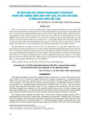 Sự hiện diện của Vibrio parahaemolyticus O3:K6 trong môi trường nước nuôi thủy sản, hải sản tươi sống ở đồng bằng sông Cửu Long
