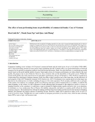 The effect of non-Performing loans on profitability of commercial banks: Case of Vietnam