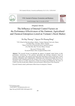 The influence of internal control factors on the perfomance effectiveness of the garment, agricultural and chemical enterprises listed on Vietnam’s stock market