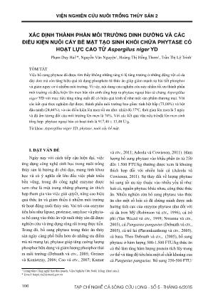 Xác định thành phần môi trường dinh dưỡng và các điều kiện nuôi cấy bề mặt tạo sinh khối chứa phytase có hoạt lực cao từ Aspergilus niger YD