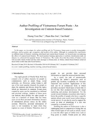 Author profiling of vietnamese forum posts - An investigation on content - Based features