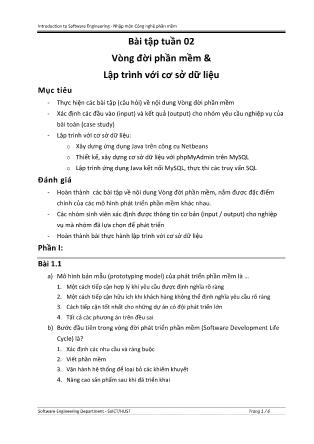 Bài tập Nhập môn Công nghệ phần mềm - Tuần 2: Vòng đời phần mềm & Lập trình với cơ sở dữ liệu