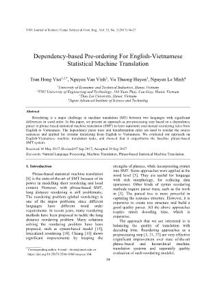 Dependency - Based pre - ordering for English - Vietnamese statistical machine translation