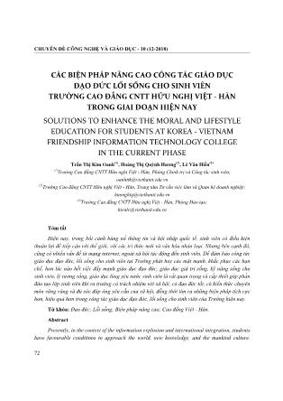 Các biện pháp nâng cao công tác giáo dục đạo đức lối sống cho sinh viên trường Cao đẳng Công nghệ Thông tin Hữu nghị Việt - Hàn trong giai đoạn hiện nay