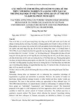 Các nhân tố ảnh hưởng đến hành vi chia sẻ tri thức với đồng nghiệp của giảng viên tại các trường đại học ở Việt Nam: Tổng quan lý thuyết và khung phân tích gợi ý