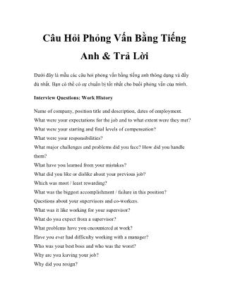 Câu hỏi phỏng vấn bằng tiếng Anh và trả lời