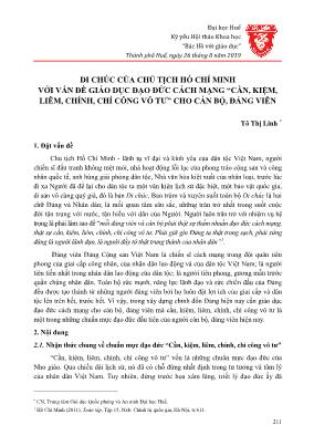 Di chúc của Chủ tịch Hồ Chí Minh với vấn đề giáo dục đạo đức cách mạng “Cần, kiệm, liêm, chính, chí công vô tư” cho cán bộ, đảng viên