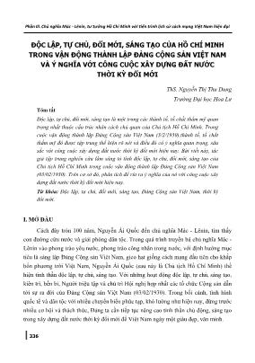 Độc lập, tự chủ, đổi mới, sáng tạo của Hồ Chí Minh trong vận động thành lập Đảng Cộng sản Việt Nam và ý nghĩa với công cuộc xây dựng đất nước thời kỳ đổi mới