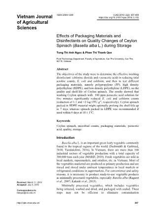 Effects of packaging materials and disinfectants on quality changes of ceylon spinach (Basella alba L.) during storage