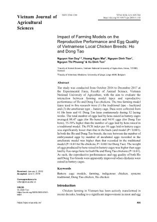 Impact of farming models on the reproductive performance and egg quality of Vietnamese local chicken breeds: Ho and Dong Tao