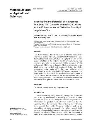 Investigating the potential of Vietnamese tea seed oil (Camellia sinensis O.Kuntze) for the enhancement of oxidative stability in vegetable oils