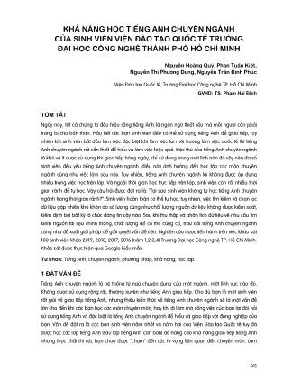 Khả năng học tiếng Anh chuyên ngành của sinh viên viện đào tạo quốc tế trường Đại học Công nghệ thành phố Hồ Chí Minh