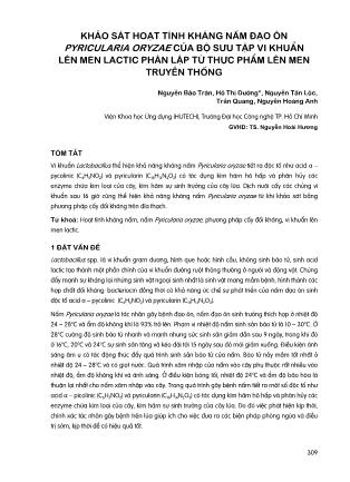 Khảo sát hoạt tính kháng nấm đạo ôn Pyricularia oryzae của bộ ư tập vi khuẩn lên men lactic phân lập từ thực phẩm lên men truyền thống