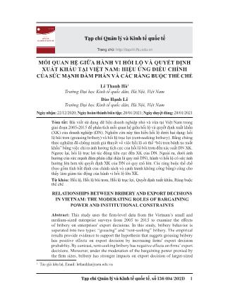 Mối quan hệ giữa hành vi hối lộ và quyết định xuất khẩu tại Việt Nam: Hiệu ứng điều chỉnh của sức mạnh đàm phán và các ràng buộc thể chế