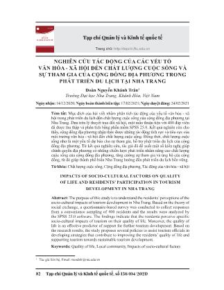 Nghiên cứu tác động của các yếu tố văn hóa - xã hội đến chất lượng cuộc sống và sự tham gia của cộng đồng địa phương trong phát triển du lịch tại Nha Trang