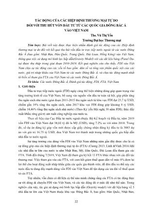 Tác động của các hiệp định thương mại tự do đối với thu hút vốn đầu tư từ các quốc gia Đông Bắc Á vào Việt Nam