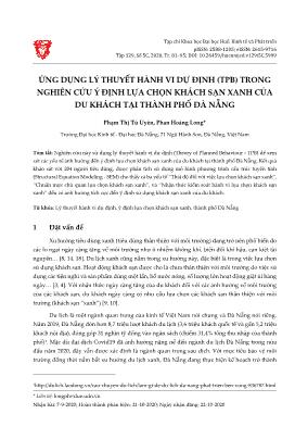 Ứng dụng lý thuyết hành vi dự định (TPB) trong nghiên cứu ý định lựa chọn khách sạn xanh của du khách tại thành phố Đà Nẵng