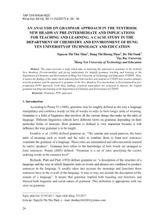 An analysis on grammar approach in the textbook new headway pre-Intermediate and implications for teaching and learning. A cacse study in the department of chemistry and environment of Hung Yen universityof technology and education