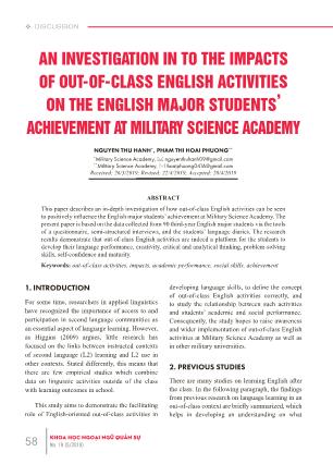 An investigation in to the impacts of out-of-class English activities on the English major students’ achievement at military science academy