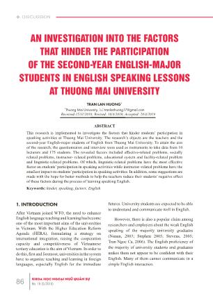 An investigation into the factors that hinder the participation of the second-year English-major students in English speaking lessons at Thuong Mai University