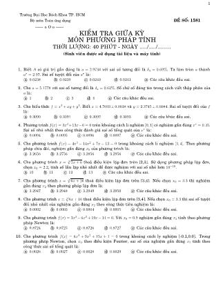 Đề kiểm tra giữa kỳ môn Phương pháp tính - Đề số 1581 - Đại học Bách khoa thành phố Hồ Chí Minh